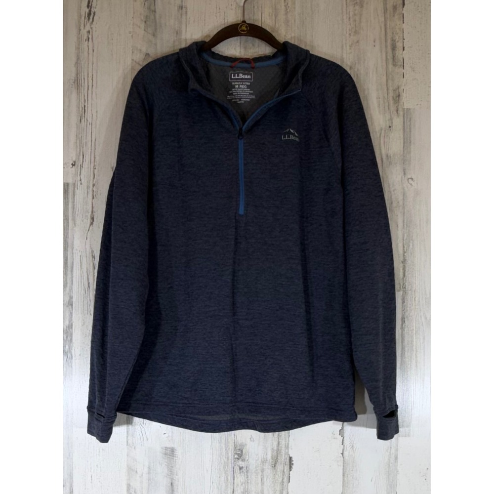 LL Bean Pullover Medium Blue Heather 1/4 Zip Grid Fleece Thumbhole